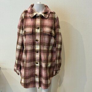 OLD NAVY Oversized Soft-Brushed Shacket Women M Pink Plaid Chore Jacket Heavy